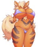  2018 anthro anthrofied arcanine big_breasts bra breasts bugchomps canine clothing eyes_closed female fluffy fluffy_tail fur mammal navel nintendo orange_fur pok&eacute;mon pok&eacute;mon_(species) solo standing stripes thick_thighs thong underwear video_games 