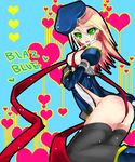  ass ayakichi black_legwear blazblue blonde_hair breasts copyright_name detached_sleeves gloves green_eyes hat highres medium_breasts nipples no_bra no_panties noel_vermillion open_clothes open_shirt ribbon shirt solo sweat tears thighhighs 