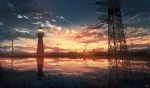  bird blurry building city dark depth_of_field grass highres hill horizon lighthouse no_humans original power_lines reflection scenery sky skyrick9413 star_(sky) starry_sky sunset telephone_pole water 