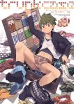  1boy black_legwear blush boxers brown_eyes brown_hair cover cover_page doujin_cover full_body gakuran highres male_focus mole mole_under_eye original pants_around_one_leg pants_down plaid school_uniform socks solo underwear yuushitessen 