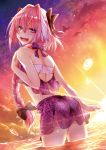  1boy alternate_costume ass astolfo_(fate) bangs bikini_skirt black_bow bow braid commentary_request eyebrows_visible_through_hair fang fate/grand_order fate_(series) from_behind hair_bow hair_intakes hair_ornament hair_ribbon long_braid long_hair looking_at_viewer male_focus multicolored_hair nakajima_kotoko open_mouth otoko_no_ko outdoors pink_hair purple_bow purple_eyes purple_skirt ribbon single_braid skirt smile solo streaked_hair sunset water white_hair 