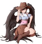  1girl bare_shoulders black_hair black_wings boots brown_footwear commentary cowboy_boots cowboy_hat dress english_commentary feathered_wings hand_on_headwear hand_on_own_thigh hat highres horse_tail kurokoma_saki layered_dress looking_at_viewer mefomefo off-shoulder_dress off_shoulder one_eye_closed puffy_short_sleeves puffy_sleeves red_eyes scarf short_sleeves sitting smile solo tail thumbs_down touhou white_scarf wings yokozuwari 