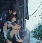  1boy 1girl androgynous artist_name bandages barefoot black_hair building child closed_mouth commentary dororo_(character) dororo_(tezuka) drainpipe english_commentary hands_on_another&#039;s_shoulders highres hyakkimaru_(dororo) japanese_clothes kimono leg_hug long_hair marmalade_(elfless_vanilla) outdoors ponytail power_lines rain red_eyes sitting 