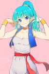  1girl aqua_hair armpit_peek arms_up bare_arms bare_shoulders blue_eyes bracelet breasts bulma choker cleavage collarbone dragon_ball dragon_ball_(classic) egyptian_clothes eyelashes hand_in_hair happy high_ponytail jewelry libeuo_(liveolivel) long_hair looking_up medium_breasts pants pink_background ponytail shirt simple_background sleeveless sleeveless_shirt smile solo standing twitter_username waistcoat white_pants white_shirt 