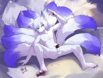  2016 4_toes 5_fingers anthro arctic_fox balls blue_eyes blue_hair canid canine censored erection fingers fox fur hair humanoid_penis linlvjia male mammal multi_tail navel nude penis sitting solo toes white_fur white_hair 