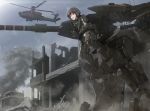  ah-64_apache assault_rifle brown_hair city green_eyes ground_vehicle gun iwi_tavor mecha mecha_musume merkava military military_vehicle motor_vehicle open_mouth rifle ruins short_hair sling tank tom-neko_(zamudo_akiyuki) war weapon 