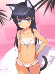  1girl alice_gear_aegis animal_ears bangs bikini blue_eyes breasts cat_ears cat_tail collarbone commentary_request cowboy_shot dark_blue_hair eyebrows_visible_through_hair frilled_bikini frills groin hand_on_hip kemonomimi_mode koashi_mutsumi looking_at_viewer navel shimada_fumikane skindentation small_breasts solo swimsuit tail tan tanline white_bikini 