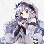  1girl bangs bare_shoulders black_bow black_sleeves blue_eyes blush bow closed_mouth crystal detached_sleeves dress eyebrows_visible_through_hair flower granblue_fantasy grey_background head_tilt hood hood_up ikeuchi_tanuma lily_(granblue_fantasy) long_hair long_sleeves looking_at_viewer pointy_ears purple_flower purple_rose rose silver_hair sleeves_past_wrists smile solo very_long_hair white_dress wide_sleeves 