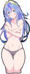  1girl absurdres bangs black_panties blue_eyes blue_hair blush breasts collarbone commentary_request covering covering_breasts cropped_legs enpe eyebrows_visible_through_hair fire_emblem fire_emblem_awakening head_tilt highres long_hair looking_at_viewer lucina_(fire_emblem) navel panties simple_background small_breasts solo stomach sweat thigh_gap thighs tiara topless underwear underwear_only white_background wide_hips 