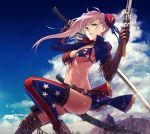  1girl american_flag american_flag_bikini applekun asymmetrical_hair asymmetrical_legwear bangs bikini blue_eyes blue_legwear blue_sky breasts brown_gloves bun_cover day dual_wielding elbow_gloves fate/grand_order fate_(series) flag_print front-tie_bikini front-tie_top gloves gunblade hair_bun highres holding holding_weapon long_hair medium_breasts miyamoto_musashi_(fate/grand_order) miyamoto_musashi_(swimsuit_berserker)_(fate) outdoors pink_hair shrug_(clothing) single_thigh_boot single_thighhigh sky solo star star_print swept_bangs swimsuit thighhighs weapon 