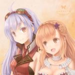  2girls arnas_(yoru_no_nai_kuni) bare_shoulders blonde_hair blush braid braided_bun breasts choker cleavage couple eye_contact goggles goggles_on_head happy holding_hands kotatsu_(dearbit) large_breasts long_hair looking_at_another lyuritis_(yoru_no_nai_kuni) multiple_girls necktie open_mouth red_neckwear ribbed_sweater shoulders sideboob simple_background smile sweater two-tone_background very_long_hair watermark white_hair yoru_no_nai_kuni yuri 