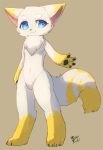 2016 4_fingers anthro biped blue_eyes digitigrade fingers fur linlvjia navel neck_tuft pawpads simple_background solo standing tuft unknown_species white_fur yellow_fur 