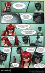  2019 abluedeer anthro black_fur black_hair breasts brown_fur canid canine canis clothed clothing comic dialogue domestic_cat duo english_text eyewear faolan_(abluedeer) felid feline felis female fur glasses hair hi_res long_hair male mammal moccha_(abluedeer) moon_lace red_hair text wolf 