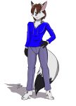  anthro arctic_fox barefoot biped black_nose brown_hair canid canine clothed clothing dipstick_tail fox fur gloves_(marking) grey_fur hair hi_res hoodie male mammal markings multicolored_tail sailoranna solo topwear 