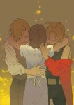  1girl 2boys alphonse_elric apron arms_around_neck belt black_pants blonde_hair braid brothers brown_background brown_hair coat crying dress edward_elric flower from_behind fullmetal_alchemist furrowed_eyebrows gradient gradient_background hands_on_another&#039;s_back hug kulerthanx mother_and_son multiple_boys open_mouth pants petals purple_dress red_coat sad siblings simple_background sobbing tears time_paradox trisha_elric yellow_background yellow_flower 