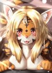  2019 anthro black_fur blonde_hair breasts chest_tuft cute_fangs felid female fur hair hi_res horokusa0519 looking_at_viewer mammal multicolored_fur orange_fur pantherine solo striped_fur stripes tiger tongue tongue_out tuft white_fur 