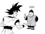  2boys :d ^_^ age_difference arm_behind_back black_eyes black_hair chinese_clothes clenched_hands closed_eyes commentary_request crying crying_with_eyes_open dougi dragon_ball dragon_ball_(classic) dragon_ball_z facial_hair facing_away from_behind full_body grandfather_and_grandson grandpa_gohan halo hand_up happy happy_tears hat highres lee_(dragon_garou) monochrome multiple_boys mustache old_man open_mouth profile salute shadow simple_background smile son_gokuu spiked_hair standing tears teeth thick_eyebrows white_background wrinkles wristband 