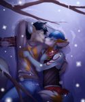  5_fingers anthro anthro_on_anthro black_hair blue_hair canid canine clothed clothing duo eyes_closed fingers fox hair kissing male male/male mammal smile ticl 