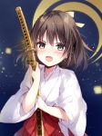  1girl bangs bow brown_hair commentary_request crescent eyebrows_visible_through_hair grey_eyes hair_between_eyes hair_bow hakama holding holding_sheath japanese_clothes katana kimono long_hair long_sleeves looking_at_viewer mochizuki_shiina original red_hakama sheath sheathed solo sword tears v-shaped_eyebrows weapon white_kimono wide_sleeves yellow_bow 