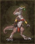  2019 armor bracers breasts brown_scales claws clothing female flinters hi_res horn knife kobold loincloth open_mouth orange_eyes scales solo 