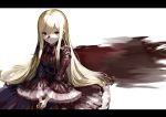  1girl blonde_hair blood blood_on_face bloody_hair bow bowtie dress gown hands_together highres koruse lace letterboxed long_hair looking_at_viewer looking_up original pool_of_blood shadow simple_background sitting smile solo white_background yellow_eyes 