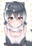  +_+ 1girl absurdres alternate_breast_size animal_ears aotan_(aorin114) bangs bare_shoulders blush breasts cleavage commentary eyebrows_visible_through_hair eyes_visible_through_hair fangs fangs_out fur_collar grey_eyes grey_hair grey_swimsuit hair_between_eyes highres kemono_friends looking_at_viewer medium_breasts medium_hair one-piece_swimsuit otter_ears otter_tail simple_background sketch skin_fangs small-clawed_otter_(kemono_friends) smile solo sparkle swimsuit tail two-tone_swimsuit upper_body white_background white_swimsuit 