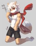  2016 3_toes 5_fingers anthro bottomwear bulge canid canine clothing erection fingers fox fur hair kneeling linlvjia male mammal pawpads red_eyes scarf shorts simple_background solo tan_fur teenager toes white_fur white_hair young 