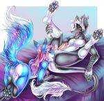  2019 4_toes 5_fingers anthro anthro_on_anthro asian_mythology balls black_pawpads blue_fur canid canine digital_media_(artwork) dragon duo east_asian_mythology eastern_dragon eyebrows eyelashes eyes_closed fingers fox fur girly hair hi_res iceblizzard male male/male mammal mythology open_mouth pawpads penis pink_hair teeth toes tongue white_hair 