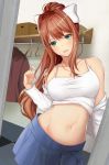  1girl :d blue_skirt blush bow breasts brown_hair closet clothes_hanger collarbone doki_doki_literature_club green_eyes hair_bow head_tilt highres large_breasts long_hair looking_at_viewer midriff monika_(doki_doki_literature_club) musical_note_necklace navel nurumaru_yu open_mouth pleated_skirt shirt skirt smile solo undershirt undressing white_bow white_shirt 