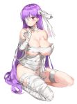  1girl bandage_over_one_eye bandaged_arm bandaged_head bandaged_leg bandages blush breasts cleavage closed_mouth cosplay fate/extra fate/extra_ccc fate/grand_order fate_(series) hair_over_one_eye hair_ribbon highres huge_breasts kingprotea kingprotea_(cosplay) long_hair looking_at_viewer passion_lip pink_eyes pixel_(yuxian) purple_hair ribbon solo very_long_hair white_ribbon 