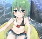  1girl bangs bare_arms bare_shoulders bikini bikini_skirt black_bikini black_skirt blue_eyes blush commentary_request front-tie_bikini front-tie_top green_hair hair_between_eyes highres innertube karasusou_nano multicolored multicolored_bikini multicolored_clothes navel no_hat no_headwear outdoors shark shark_fin shiki_eiki short_hair sitting skirt solo stomach swimsuit tears thighs touhou two-tone_bikini water white_bikini 