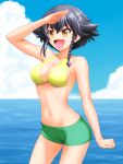  1girl :d bangs bikini bikini_shorts black_hair blue_sky braid breasts brown_eyes cleavage clenched_hand cloud cloudy_sky commentary_request cowboy_shot day eyebrows_visible_through_hair girls_und_panzer green_bikini_bottom grin highres medium_breasts mismatched_bikini navel ocean open_mouth outdoors partial_commentary pepperoni_(girls_und_panzer) shading_eyes shio_nizumu short_hair shorts side_braid sky smile solo standing swimsuit yellow_bikini_top 