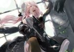  1girl assault_rifle aug_(girls_frontline) bangs black_dress black_gloves blurry brown_legwear bullpup commentary_request day depth_of_field dress floating_hair flower girls_frontline gloves gun hair_flower hair_ornament hairpin highres holding holding_gun holding_weapon indoors jacket light_particles long_hair looking_at_viewer mole mole_under_eye pink_hair ribbon rifle sidelocks solo steyr_aug suppressor thighhighs vardan weapon wind wind_lift window yellow_eyes 
