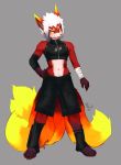  2016 3_tails 4_fingers 5_fingers anthro armwear bandage bottomwear canid canine clothing crop_top fingers fox fur hair hi_res legwear linlvjia male mammal multi_tail navel orange_fur red_fur shirt shorts solo standing tongue tongue_out topwear white_hair yellow_eyes yellow_fur 
