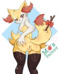  2019 :3 anthro anus blush bodily_fluids braixen breasts butt butt_grab canid canine clothing eyelashes female fur genital_fluids hand_on_butt hi_res inner_ear_fluff legwear looking_down mammal mapplesfactory multicolored_fur neck_tuft nintendo pok&eacute;mon pok&eacute;mon_(species) presenting presenting_hindquarters pussy pussy_juice raised_tail red_eyes red_fur red_nose ribbons side_boob smile solo spread_butt spreading standing stick thigh_highs tuft video_games white_fur yellow_fur 