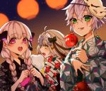 3girls ahoge bell black_bow blush bow braid candy_apple eyebrows_visible_through_hair facial_scar fate/apocrypha fate/extra fate/grand_order fate_(series) food green_eyes grey_hair headgear jack_the_ripper_(fate/apocrypha) japanese_clothes jeanne_d&#039;arc_(fate)_(all) jeanne_d&#039;arc_alter_santa_lily kimono lantern licking mask mask_on_head multiple_girls nursery_rhyme_(fate/extra) open_mouth pink_eyes print_kimono scar smile twin_braids yellow_eyes yukata 