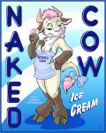 anthro apron apron_only big_breasts bovid bovine breasts cattle clothing dessert english_text female flinters food fur gloves_(marking) hair hi_res hooves ice_cream leg_markings mammal markings mostly_nude nipple_outline pink_hair ribbons socks_(marking) solo tail_bow tail_ribbon text yellow_fur 