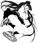  1girl absurdres ass black_hair breasts gagaimo highres large_breasts legs long_hair monochrome open_mouth original school_uniform shoes skirt socks thighs traditional_media twintails 