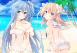  2girls arm_behind_back ass ass_visible_through_thighs back backless_swimsuit bare_arms bare_shoulders beach bikini blonde_hair blue_eyes blue_hair blue_sky blush bow breasts choker cleavage closed_mouth cloud cloudy_sky collarbone commentary_request cowboy_shot day emori_el emori_miku emori_miku_project groin hair_bow hair_ornament halterneck hand_on_own_chest hand_up highres horizon large_breasts long_hair looking_at_viewer looking_back medium_breasts miko_92 multiple_girls nail_polish navel ocean one_side_up orange_nails outdoors palm_tree parted_lips sailor_bikini sailor_collar shoulder_blades sidelocks sky smile standing stomach swimsuit tree two_side_up very_long_hair water white_bikini 