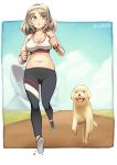  1girl absurdres belly blonde_hair breasts dog dragoncastle exercise girls_frontline highres k3_(girls_frontline) large_breasts midriff navel pants running shoes sports_bra sweatband wristband yoga_pants 