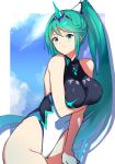  1girl bangs blue_sky blush breasts cloud earrings green_eyes green_hair highres jewelry large_breasts long_hair looking_at_viewer negresco one-piece_swimsuit pneuma_(xenoblade_2) ponytail simple_background sky smile solo spoilers swept_bangs swimsuit very_long_hair xenoblade_(series) xenoblade_2 