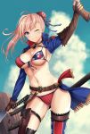  1girl american_flag_bikini american_flag_legwear arms_up asymmetrical_hair bangs belt bikini blue_eyes blush breasts buckle bun_cover cleavage cloud cloudy_sky collarbone commentary_request cowboy_shot fate/grand_order fate_(series) flag_print hair_bun harimoji highres holding holding_sword holding_weapon large_breasts long_hair looking_at_viewer mesa miyamoto_musashi_(fate/grand_order) miyamoto_musashi_(swimsuit_berserker)_(fate) navel one_eye_closed pink_hair shrug_(clothing) sky smile solo stomach swept_bangs swimsuit sword thigh_strap weapon 