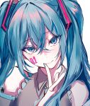  1girl bare_shoulders blue_eyes blue_hair blue_nails blue_neckwear close-up commentary eyebrows_visible_through_hair eyelashes eyes_visible_through_hair face facepaint finger_to_chin fingernails ggatip grey_shirt hair_between_eyes hatsune_miku head_tilt highres light_smile long_hair looking_at_viewer necktie number shaded_face shirt simple_background sleeveless sleeveless_shirt solo twintails upper_body very_long_hair vocaloid white_background 