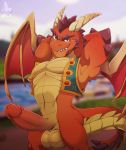  2019 activision anthro balls bedroom_eyes big_penis conditional_dnp delbin_(spyro) dragon flexing half-closed_eyes hands_behind_head hi_res horn humanoid_penis looking_at_viewer male membrane_(anatomy) membranous_wings muscular muscular_male navel open_vest penis pose red_scales scales seductive smile smirk solo spiked_tail spyro_reignited_trilogy spyro_the_dragon video_games wings xnirox 