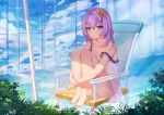  1girl :o azur_lane barefoot blue_eyes blue_sky chair chinese_commentary cloud collarbone commentary_request crown day dress expressionless eyebrows_visible_through_hair glass_wall highres indoors javelin_(azur_lane) knees_to_chest lavender_hair leg_hug looking_at_viewer medium_hair mini_crown mixed-language_commentary reflection reflective_floor sitting sky snow_(676528662) solo strap_slip sundress tile_floor tiles toenails topiary 