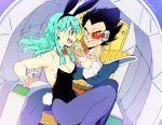  1boy 1girl animal_ears aqua_hair armor arms_up black_eyes black_hair black_leotard blue_eyes blue_legwear blush bow bowtie breasts bulma bunny_ears bunny_tail bunnysuit cleavage clenched_teeth crossed_arms d: detached_collar dragon_ball dragon_ball_(classic) dragon_ball_z dutch_angle embarrassed eye_contact fake_animal_ears fingernails floating_hair frown gloves leotard libeuo_(liveolivel) long_hair looking_at_another medium_breasts monkey_tail nervous open_mouth profile red_neckwear scouter sideboob sitting sitting_on_lap sitting_on_person space_craft spiked_hair sweatdrop tail teeth time_paradox twitter_username upper_teeth vegeta white_gloves wrist_cuffs wristband 