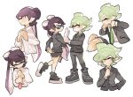  +_+ 2girls aori_(splatoon) black_footwear black_hair black_jacket black_legwear brown_eyes closed_eyes cousins cropped_torso dress_shirt earrings english_commentary eyebrows_visible_through_hair face_mask gloves gradient_hair green_hair green_neckwear grey_hair gym_shorts half-closed_eyes hotaru_(splatoon) jacket jewelry leggings long_sleeves looking_at_viewer looking_back looking_over_eyewear mask mole mole_under_eye multicolored_hair multiple_girls necktie pink_neckwear pointy_ears purple_hair shirt shoes shorts simple_background single_vertical_stripe splatoon_(series) standing standing_on_one_leg straight-laced_footwear sunglasses white_background white_gloves white_shirt wong_ying_chee 