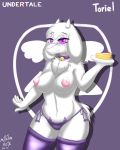  2016 absurd_res alternate_version_at_source anthro areola big_breasts boss_monster bovid breasts caprine chest_tuft clothed clothing collar digital_media_(artwork) english_text eyelashes eyewear female food fur glasses hair hi_res horn legwear long_ears looking_at_viewer mammal milkteafox nipples purple_eyes pussy simple_background solo standing text toriel tuft undertale underwear video_games white_fur 