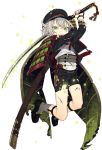  1boy armor blood cape fireflies green_eyes hat hotarumaru injury japanese_armor kiwame_(touken_ranbu) male_focus official_art ootachi open_mouth rururara sheath shorts shoulder_armor silver_hair sode sword torn_clothes torn_shorts touken_ranbu transparent_background weapon 