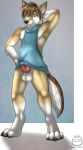  anthro armpit_hair balls bodily_fluids bottomless canid canine canis clothed clothing coyote eerieeden embarrassed erection hi_res male mammal partially_clothed penis shirt solo standing sweat tank_top topwear 